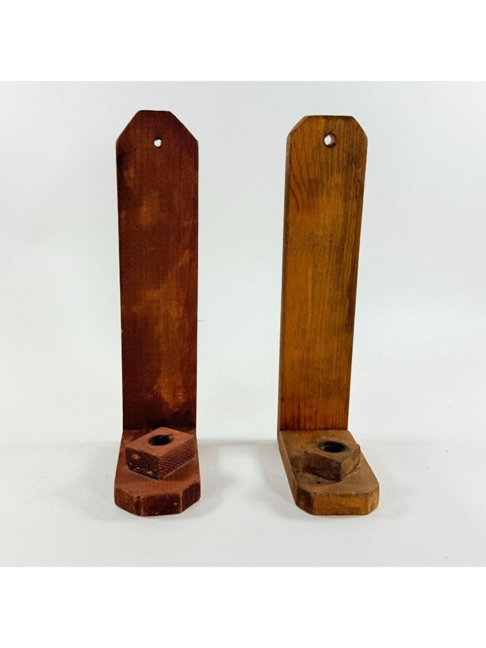 Vintage 2 Wooden Handmade Wall Sconces Rustic Brown Decor 12" Tall Hex Nut Base